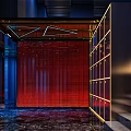 Modern KTV Interior Design with Red Curtain Golden Frame Lighting and Marble Floor