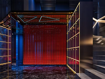 Modern KTV Interior Design with Red Curtain Golden Frame Lighting and Marble Floor 3d model