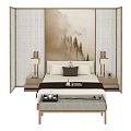 New Chinese background double bed 3d model