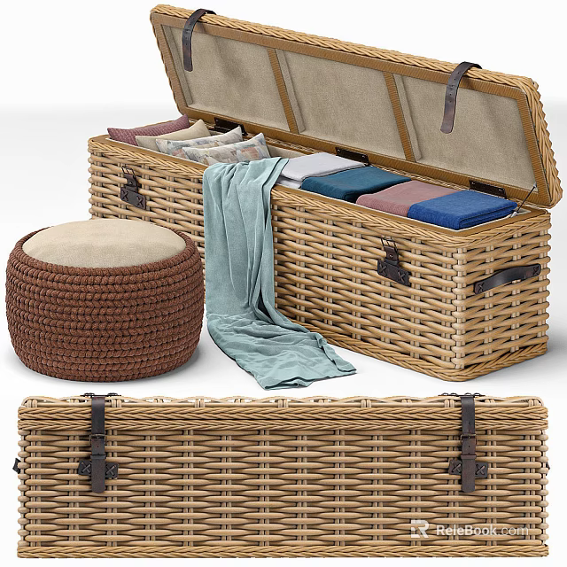 Wicker Storage Chests Open with Folded Colorful Fabrics and Woven Cushion Stool 3d model 