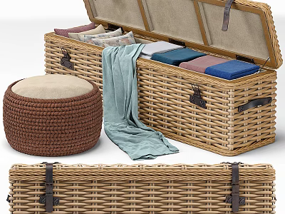 Wicker Storage Chests Open with Folded Colorful Fabrics and Woven Cushion Stool 3d model