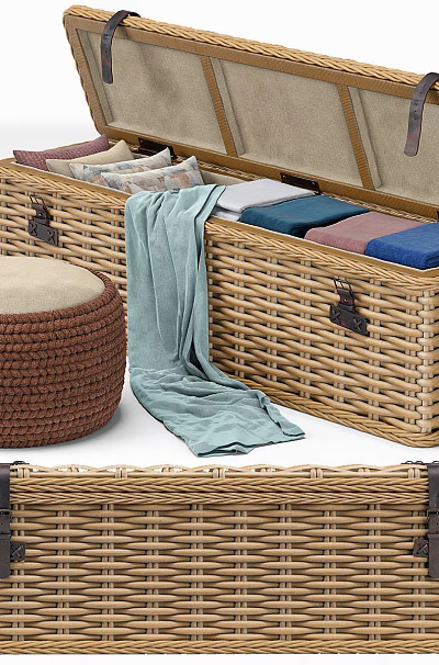 Wicker Storage Chests Open with Folded Colorful Fabrics and Woven Cushion Stool 3d model