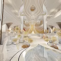 Luxurious Banquet Hall Interior with Crystal Chandeliers Elegant Stage Round Dining Tables and Floral Decorations