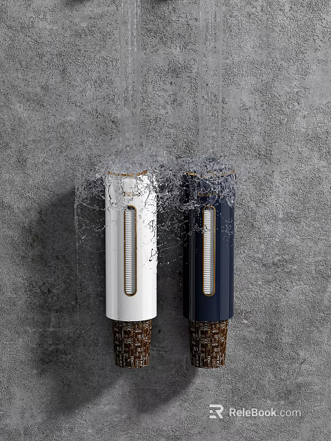White And Navy Blue Water Spouts With Splashing Water On Gray Surface 3d model 