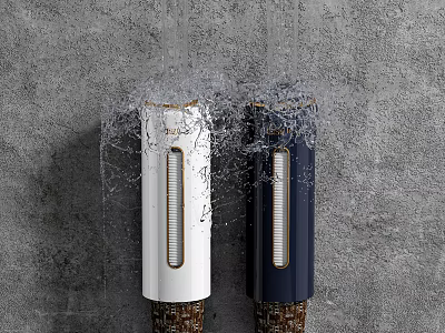 White And Navy Blue Water Spouts With Splashing Water On Gray Surface 3d model