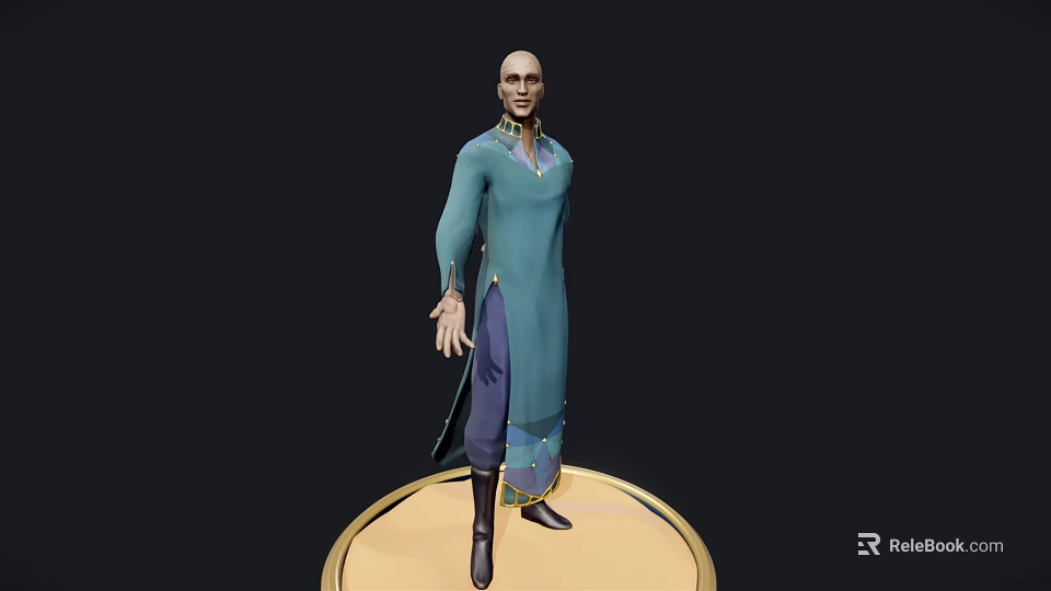 3D Character In Blue Robe Standing On Golden Circular Platform With Black Background 3d model 