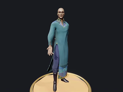 3D Character In Blue Robe Standing On Golden Circular Platform With Black Background 3d model