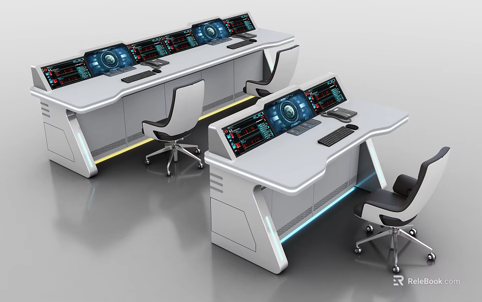 Tech Inspired Functional Desk with Multiple Screens Blue Dashboards Illuminated Strips and Office Chairs 3d model 
