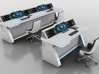 Tech Inspired Functional Desk with Multiple Screens Blue Dashboards Illuminated Strips and Office Chairs 3d model