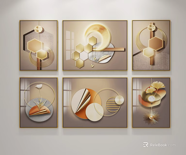 Modern Abstract Wall Art With Geometric Hexagon Circle Moon Patterns In Gold Beige Gray Tones 3d model 