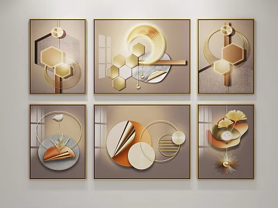 Modern Abstract Wall Art With Geometric Hexagon Circle Moon Patterns In Gold Beige Gray Tones 3d model