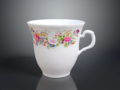 Delicate White Porcelain Cup With Colorful Floral Patterns On Body And Curved Handle 3d model