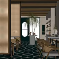Cozy Café Interior With Wooden Ceiling Perforated Screen Geometric Floor Tiles And Green Plants