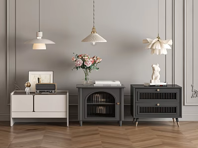 Modern Interior Sideboard Setup With White Dark Gray Cabinets Pendant Lights And Decorative Accents 3d model