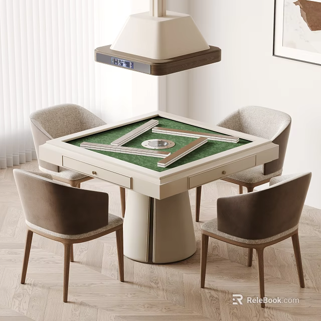 Modern Square Table and Chair Set with Green Mahjong Tabletop and Light Brown Fabric Chairs 3d model 