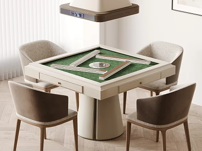 Modern Square Table and Chair Set with Green Mahjong Tabletop and Light Brown Fabric Chairs 3d model