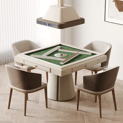 Modern Square Table and Chair Set with Green Mahjong Tabletop and Light Brown Fabric Chairs 3d model