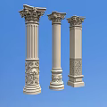Three Classical Roman Columns With Intricate Carved Tops And Floral Patterns