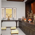 Traditional Buddhist Prayer Room Interior With Statues Altar And Cushions