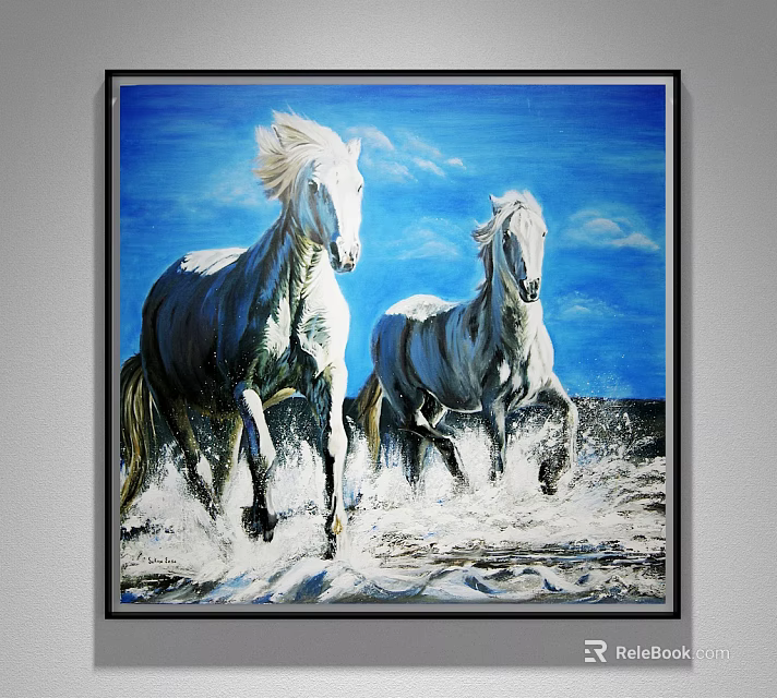 Dynamic Animal Painting of Two White Horses Running Through Splashing Water Under Blue Sky 3d model 