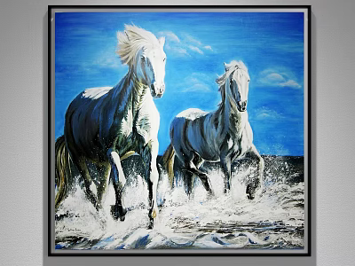 Dynamic Animal Painting of Two White Horses Running Through Splashing Water Under Blue Sky 3d model