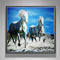 Dynamic Animal Painting of Two White Horses Running Through Splashing Water Under Blue Sky
