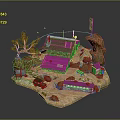 Modern Miniature Diorama With Houses Rocks Flag Green Vehicle And Trees