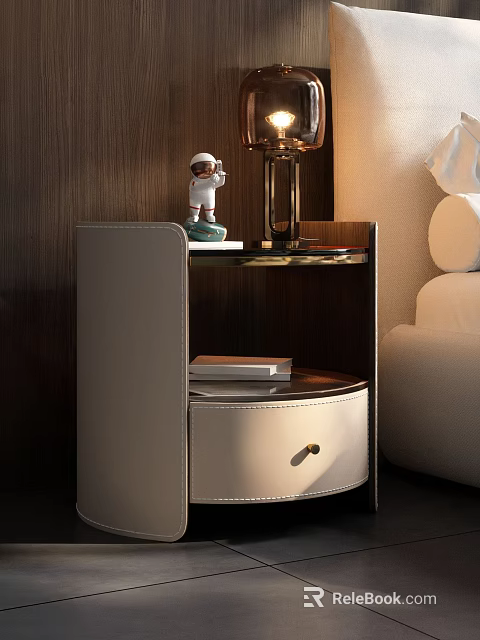 Elegant Modern Beige Leather Nightstand with Round Drawer Metal Handle Small Statue and Table Lamp 3d model 