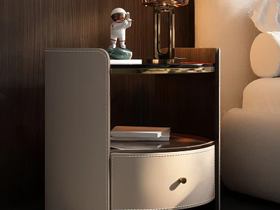 Elegant Modern Beige Leather Nightstand with Round Drawer Metal Handle Small Statue and Table Lamp 3d model