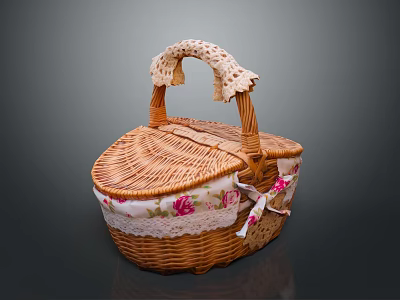 Adorable Small Animal In Heart Shaped Wicker Basket With Floral Lace Trim 3d model
