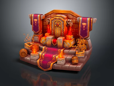 Ornate Commercial Display Platform With Decorative Lamps Storage Barrels And Red Orange Elements 3d model