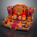 Ornate Commercial Display Platform With Decorative Lamps Storage Barrels And Red Orange Elements