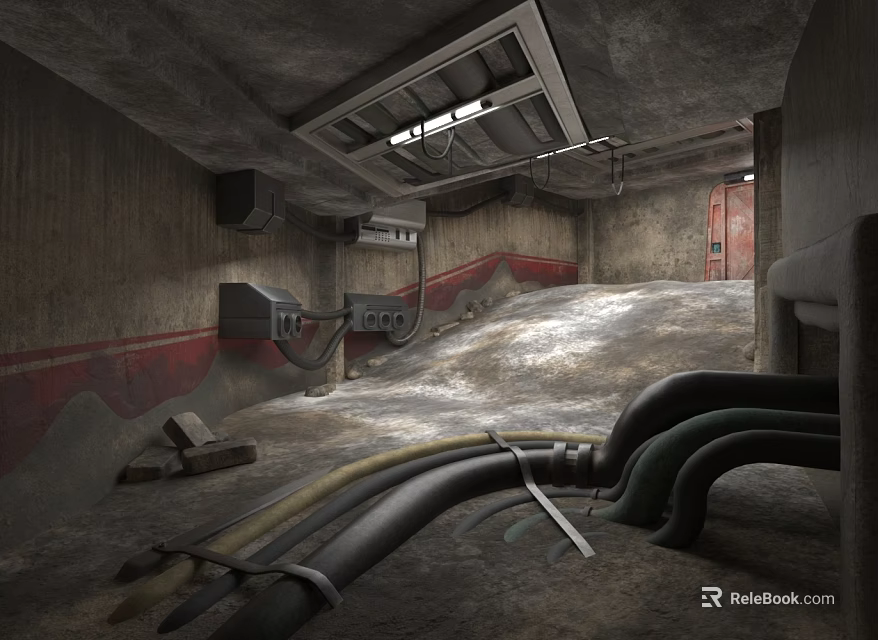 Rough Unfinished Industrial Facility With Gray Concrete Walls Floor Exposed Pipes Ceiling Vents Red Lines 3d model 