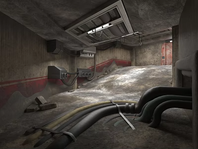 Rough Unfinished Industrial Facility With Gray Concrete Walls Floor Exposed Pipes Ceiling Vents Red Lines 3d model