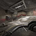 Rough Unfinished Industrial Facility With Gray Concrete Walls Floor Exposed Pipes Ceiling Vents Red Lines
