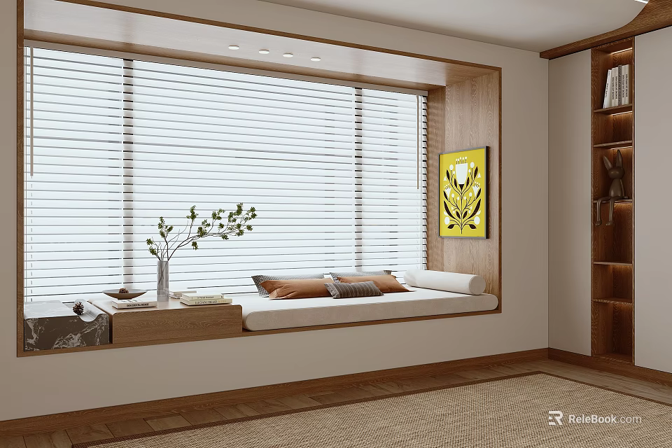 Modern Bay Window Nook With Cushioned Seat Venetian Blinds Side Table And Yellow Artwork 3d model 