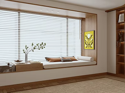 Modern Bay Window Nook With Cushioned Seat Venetian Blinds Side Table And Yellow Artwork 3d model