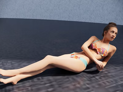 Woman In Colorful Bikini Lying Relaxed On Textured Floor With Blue Background 3d model