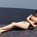 Woman In Colorful Bikini Lying Relaxed On Textured Floor With Blue Background