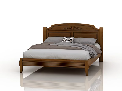 Classic Wooden Double Bed With Carved Headboard Gray Sheets And Black White Cushion 3d model