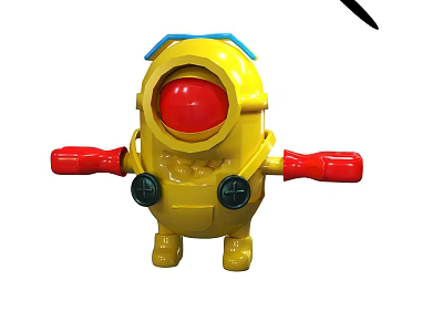 Yellow Cartoon Toy Figure With Red Arms Blue Top And Black Buttons 3d model