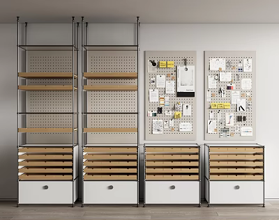 Contemporary Storage Shelving Unit With Metal Frame Wooden Shelves Drawers and Pegboard Panels 3d model