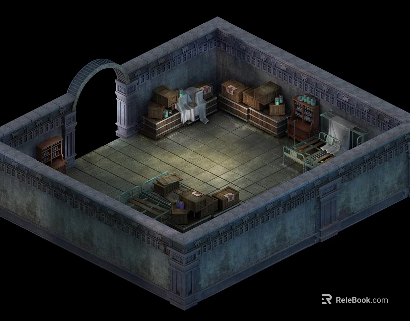 Vintage Room Interior With Stone Walls Arched Doorway Wooden Crates And Furniture 3d model 