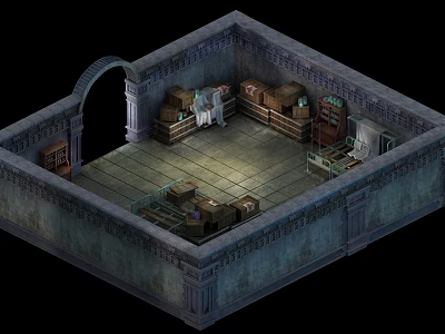 Vintage Room Interior With Stone Walls Arched Doorway Wooden Crates And Furniture 3d model