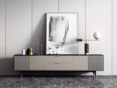 Modern TV Stand With Drawers And Metal Legs Featuring Decorative Items And Wall Art 3d model