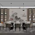 Elegant Modern Restaurant Interior With Dining Table Chairs Landscape Wall Art And Bookshelves