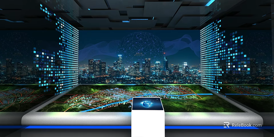 Futuristic City Display With Night View Data Grid Walls And Globe Model On White Stand 3d model 