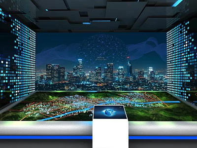 Futuristic City Display With Night View Data Grid Walls And Globe Model On White Stand 3d model