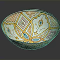 Hand Carved Decorative Bowl Featuring Yellow Pink Blue Geometric And Floral Patterns