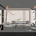 Modern Living Room Interior With Sofa Coffee Table Floor Lamp Plants And Bookshelves